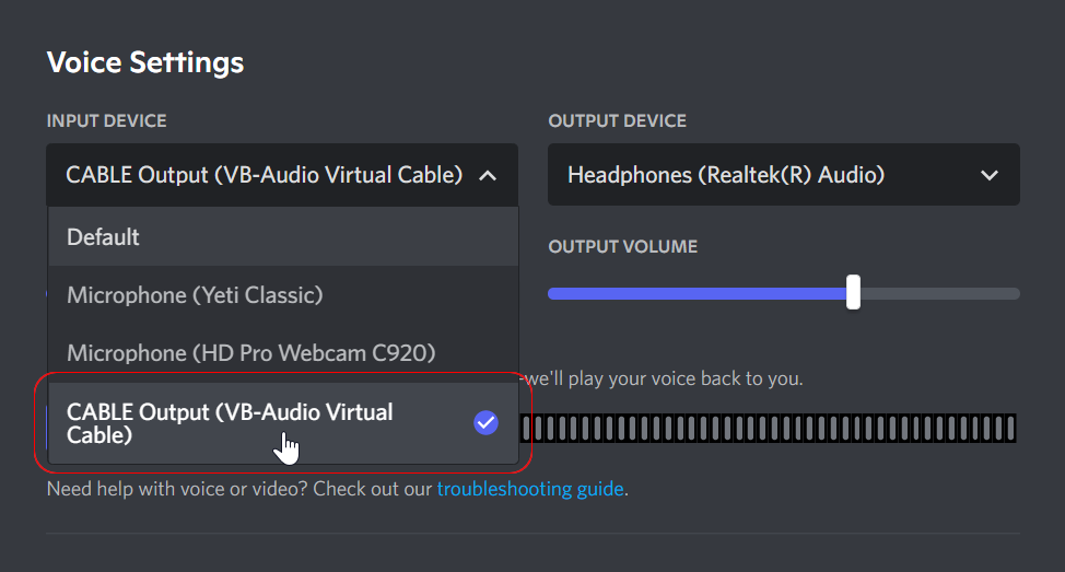 Output devices menu